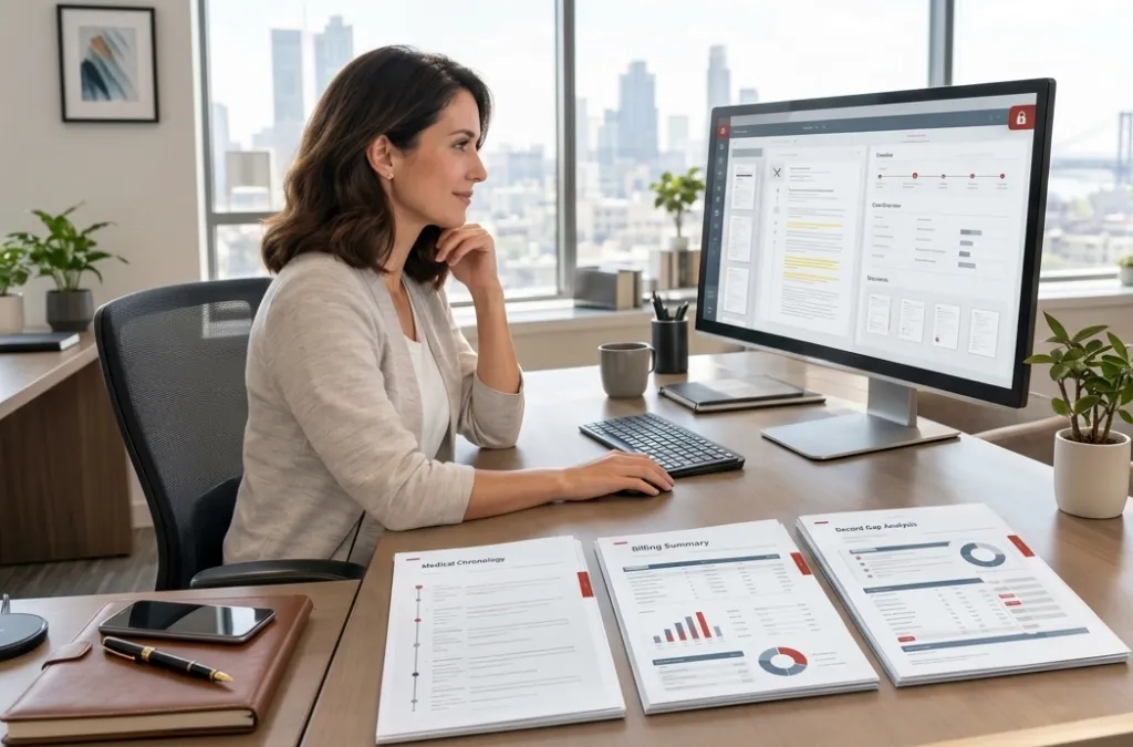 Professional reviewing medical reports at a workspace